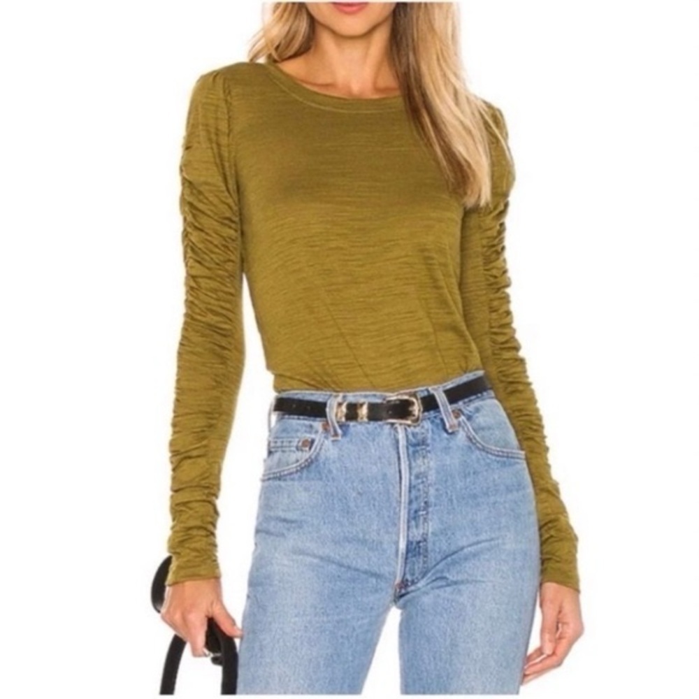 NWT House of Harlow 1960 Burnout Ruched Long Sleeve Tee Top Bronze Olive